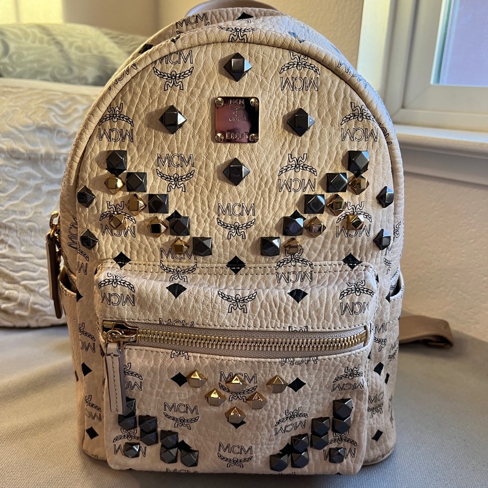 MCM Beige coated Canvas Medium Studded Backpack
